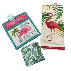 Tropical Flamingo Summer Kitchen Towel Mitt Napkin Set Beach Coastal